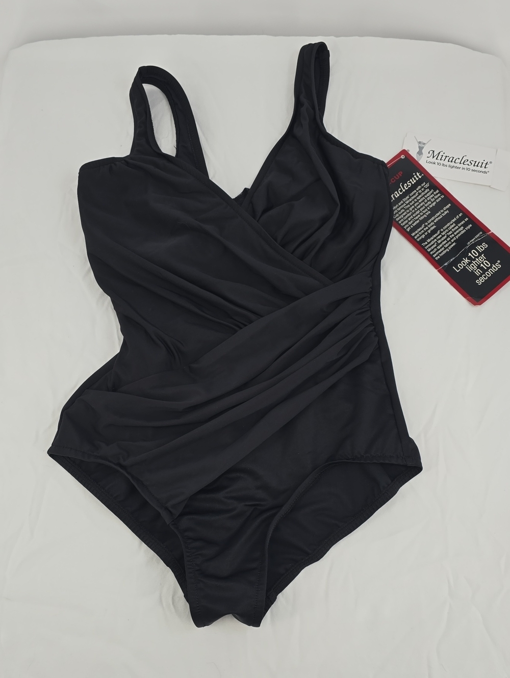 Miraclesuit Ruched Faux-Wrap One-Piece Swimsuit Solid Black Oceanus 10DD